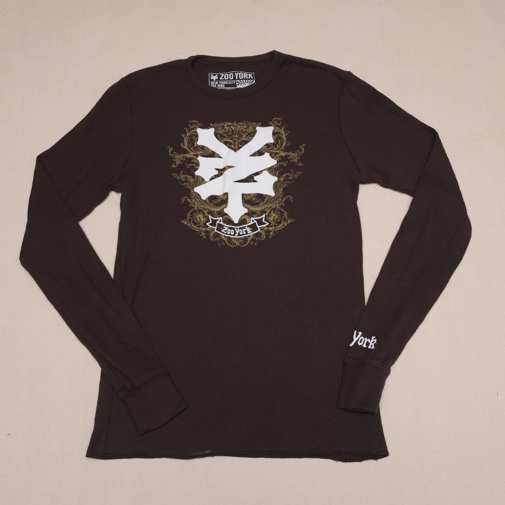 Zoo York Thermal Shirt Mens Small Brown Graphic Skate Streetwear NYC Y2K Waffle